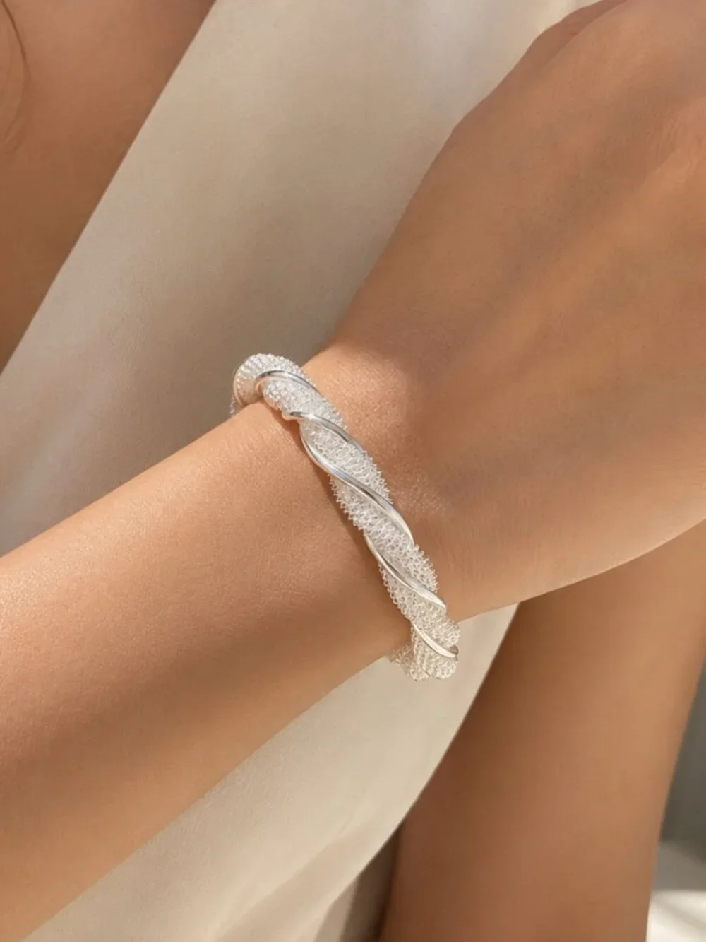 925 Sterling Silver Twist Bangle Bracelet Cuff Bracelet Shiny Textured Bracelet